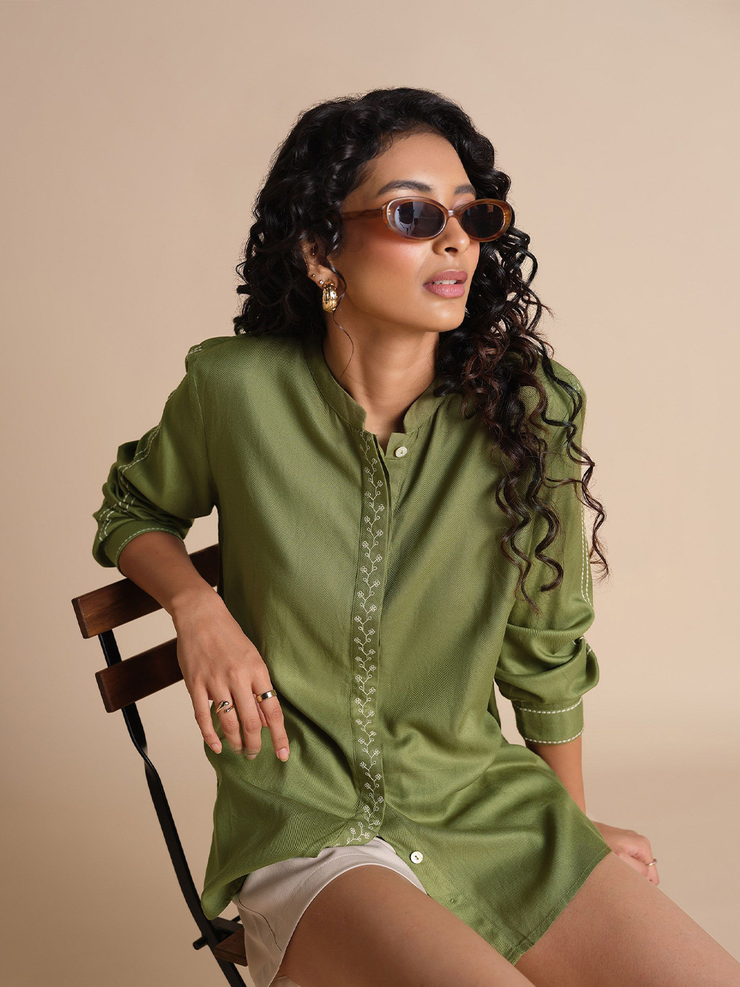 Global Desi Women Mandarin Collar Roll-Up Sleeves Shirt Style Top