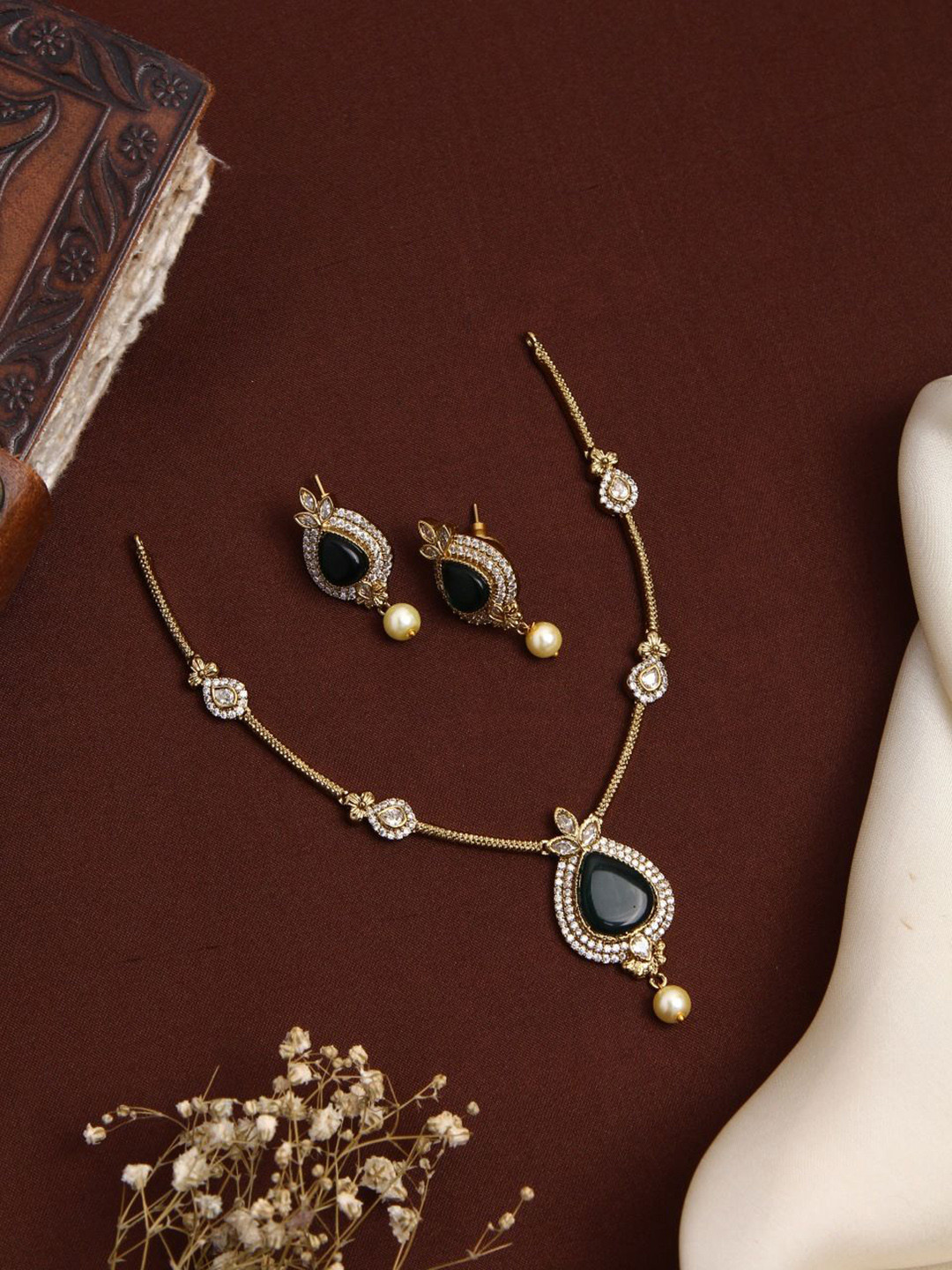 Kattam Gold Plated Chaithra Green Stone Necklace