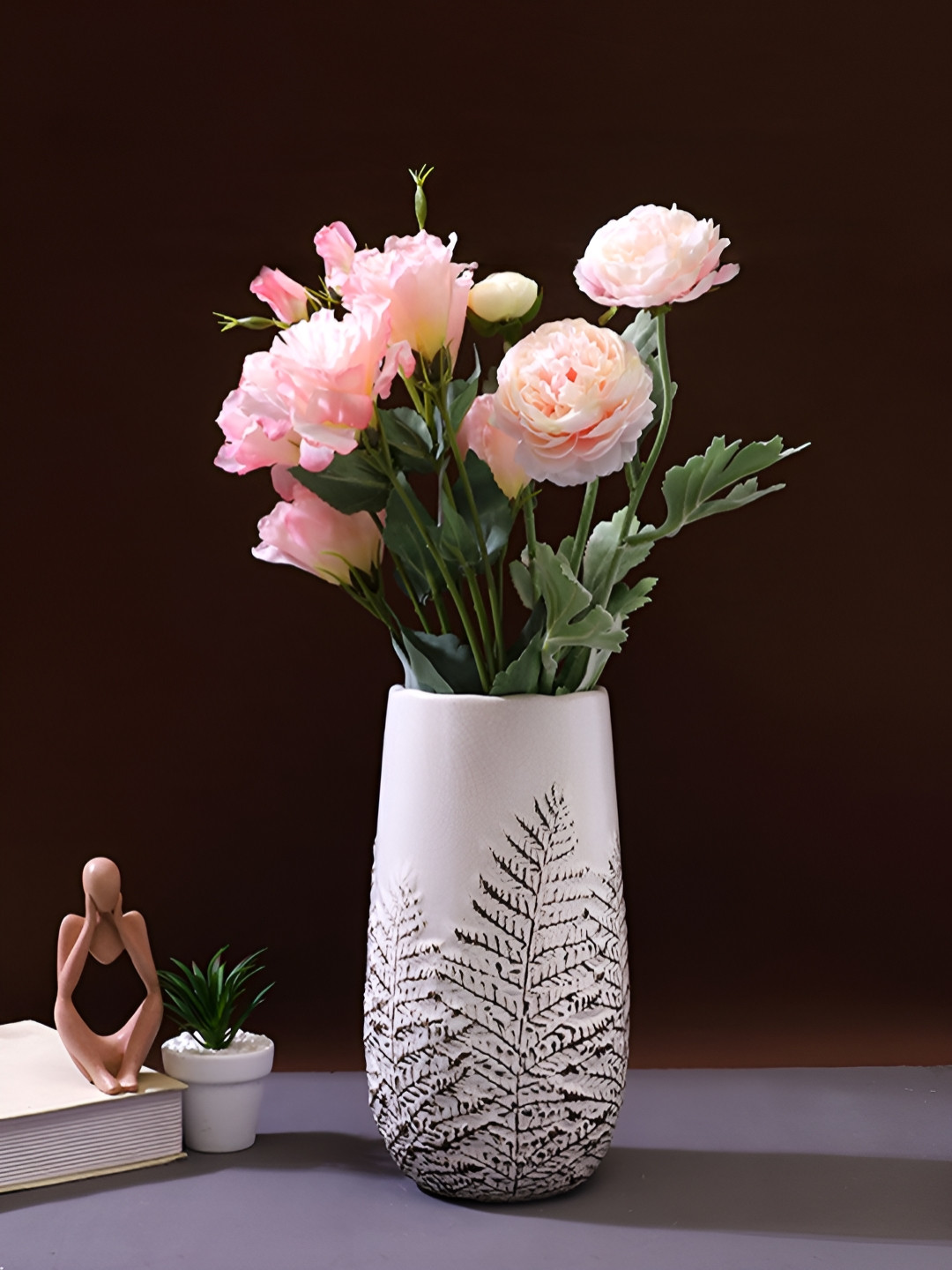 TAYHAA Pink And Green 2 Pieces Rose BloomsArtificial Flowers With Pot