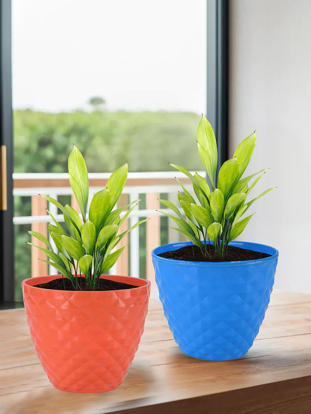 Kuber Industries Orange Colored & Blue 6 Pieces Diamond Pattern Durable Plastic Planters