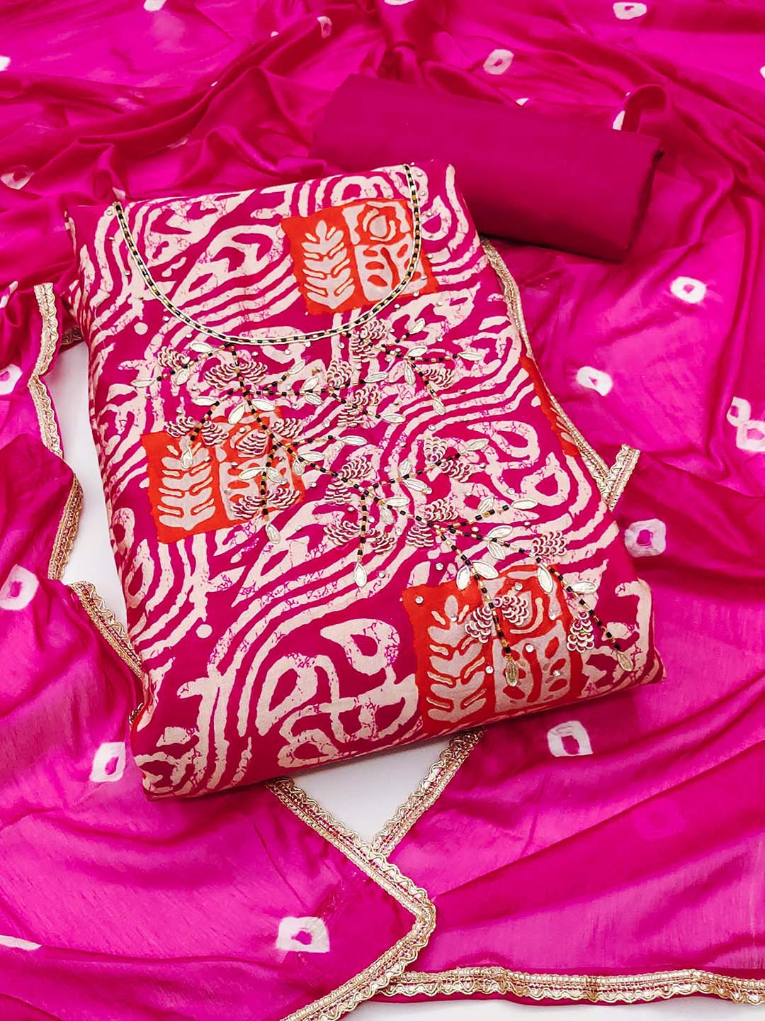 SAINOOR Floral Printed Beaded Roman Pure Silk Semi-Stitched Dress Material