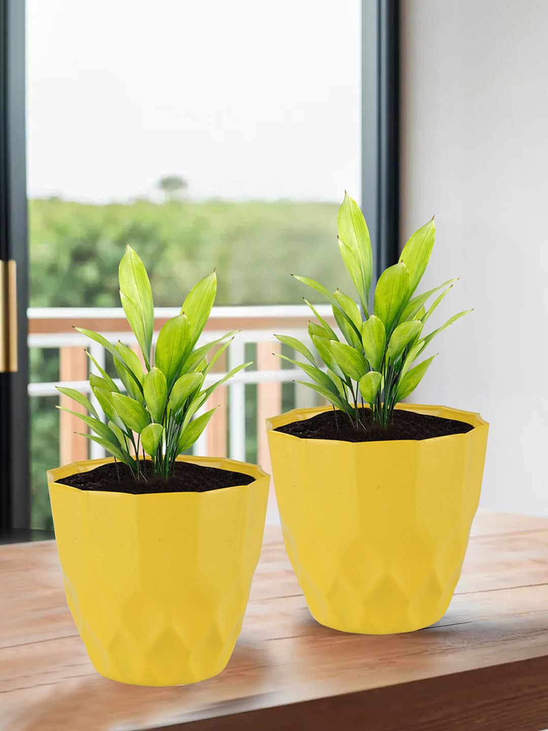 Kuber Industries Yellow 2 Pieces Textured Durable Flower Pot Planters