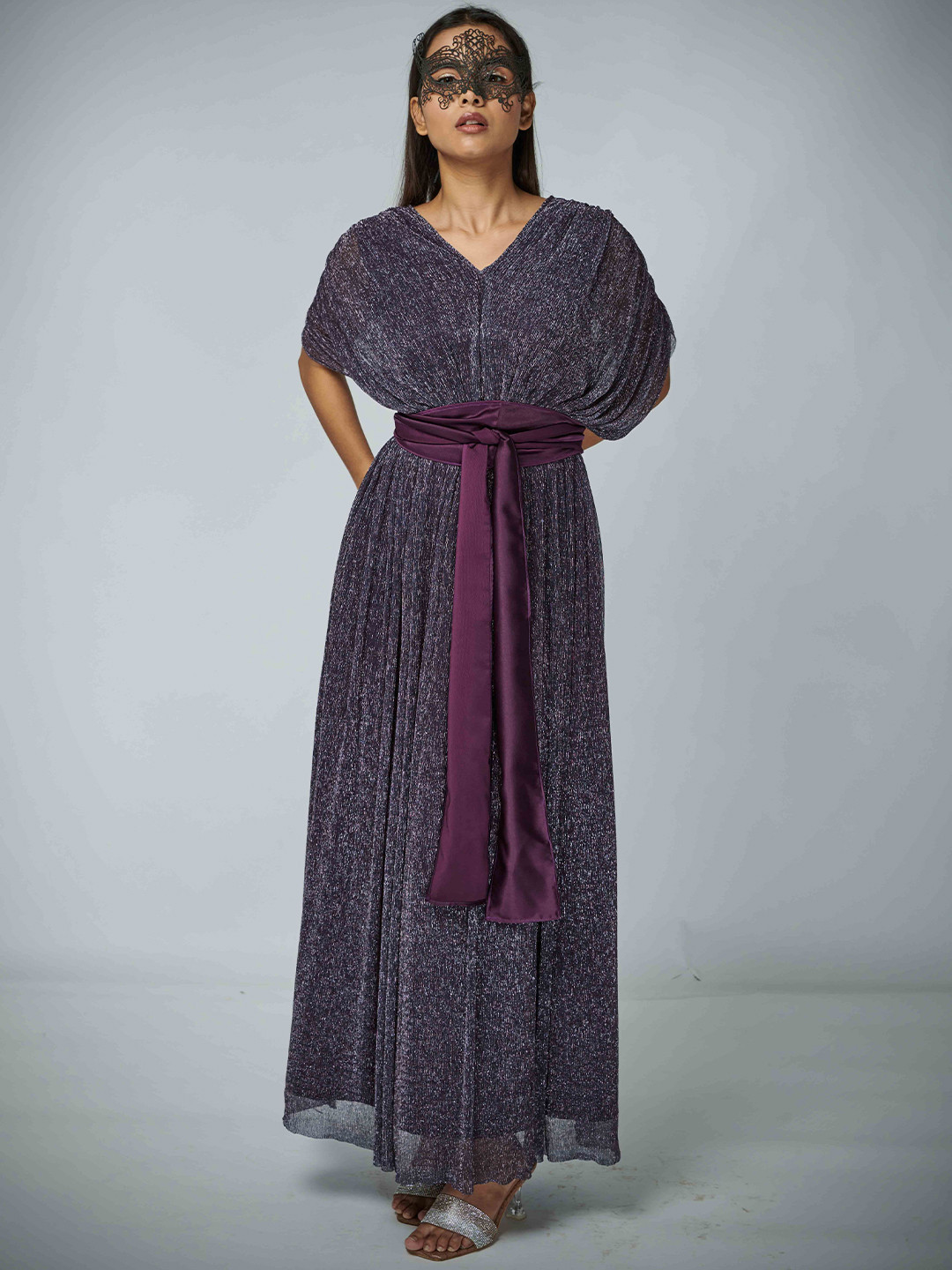 WEAVING CULT Metallic Purple V-Neck Gown with Belt
