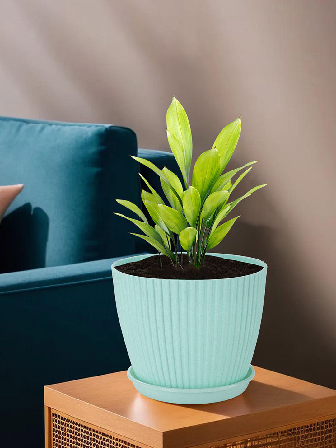 Kuber Industries Peach Colored & Green 4 Pieces Textured Durable Planters With Trays