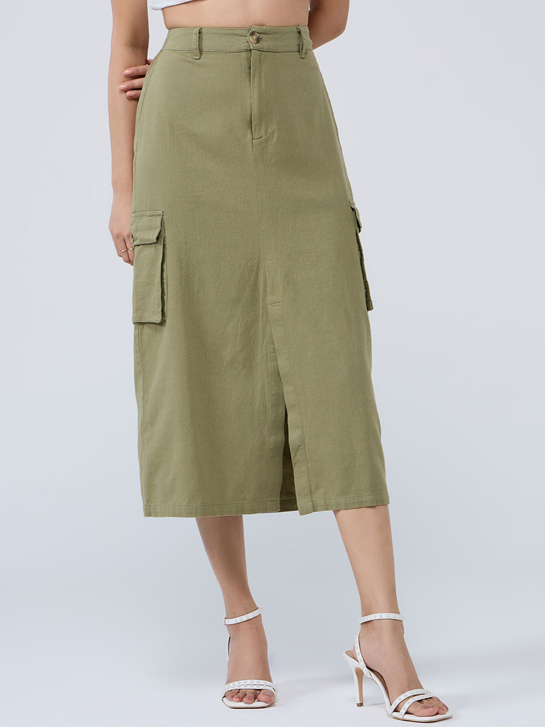 20Dresses Pure Cotton High Waist Front Slit Utility Cargo Midi Skirt