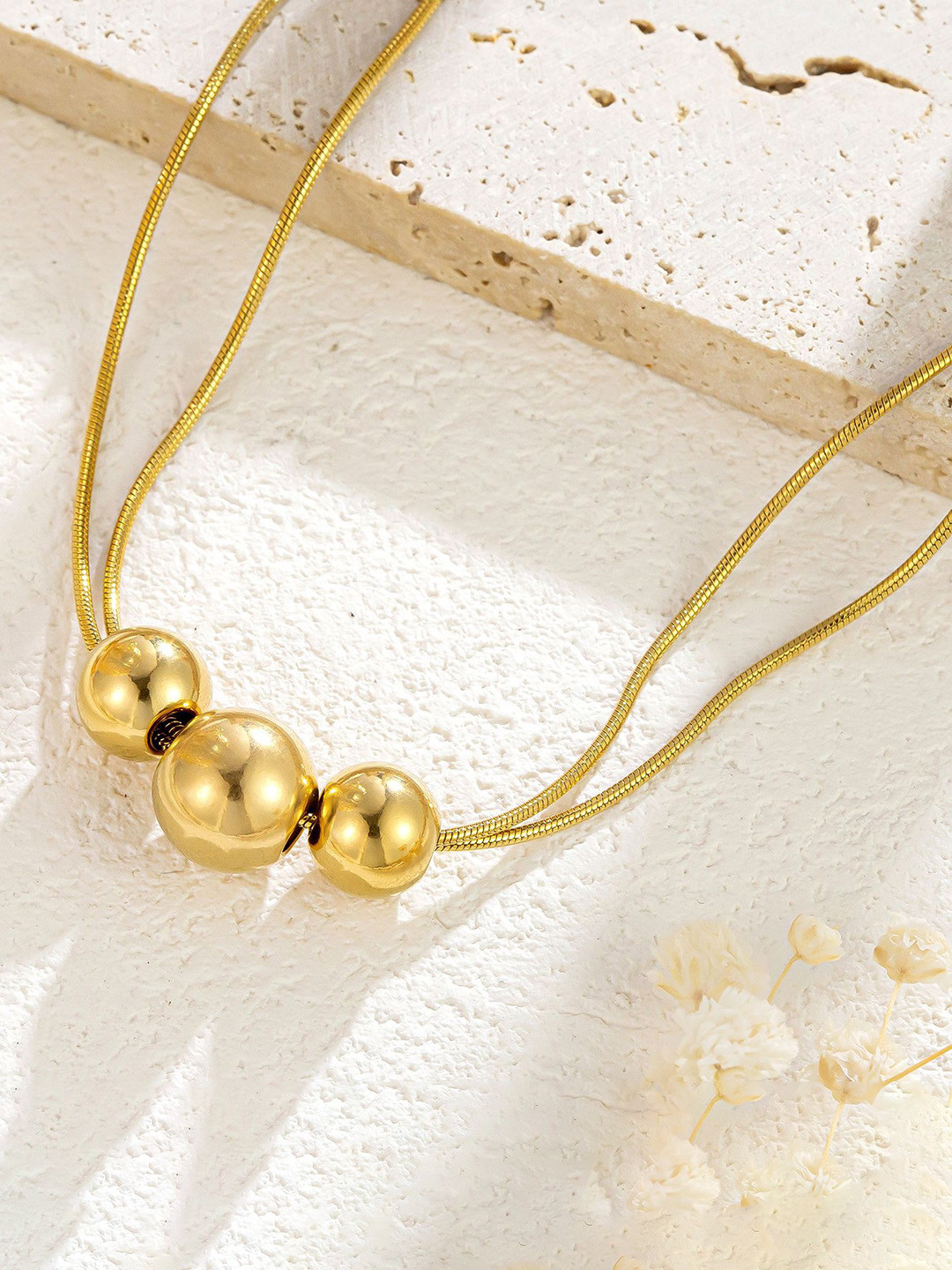 DressBerry Stainless-Steel Gold Plated Ball Pendant Minimal Chain