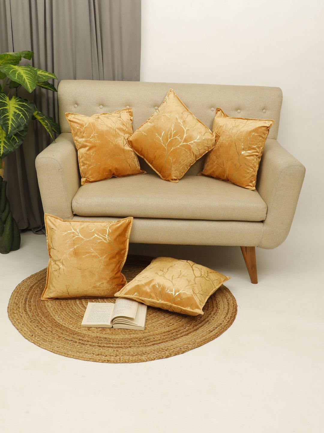 THE CONVERSION Foil Work Floral Velvet Washable 5 Pcs Square Cushion Covers - 16 x 16 In