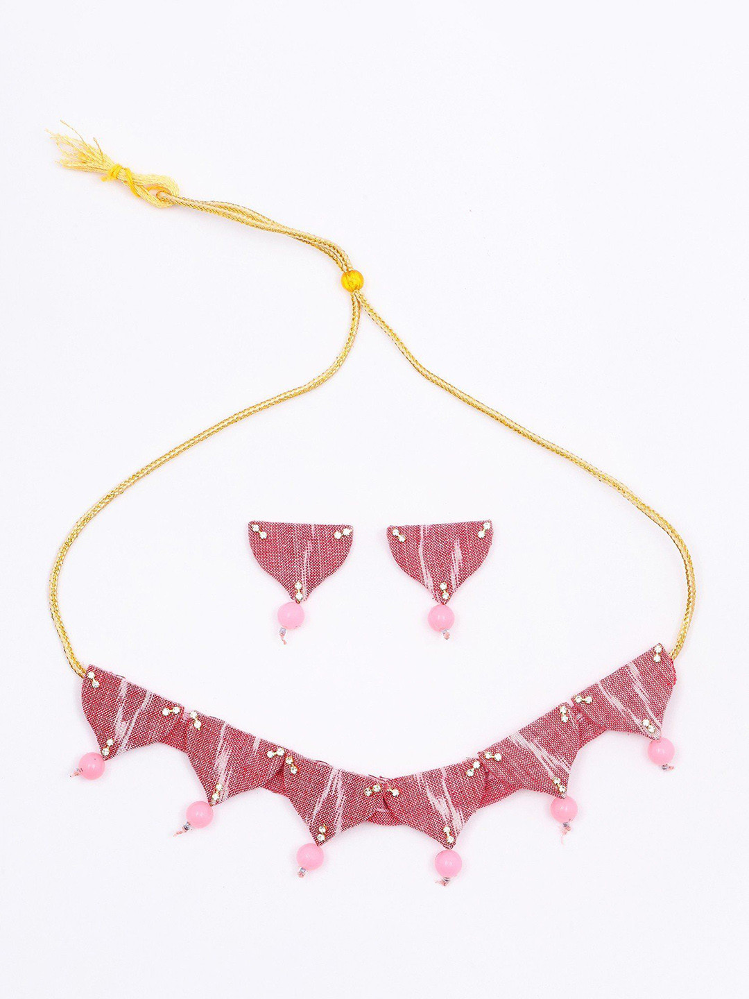 Exotic India Pink Handloom Sambalpuri Fabric Choker & Earrings Set with Beads Drop