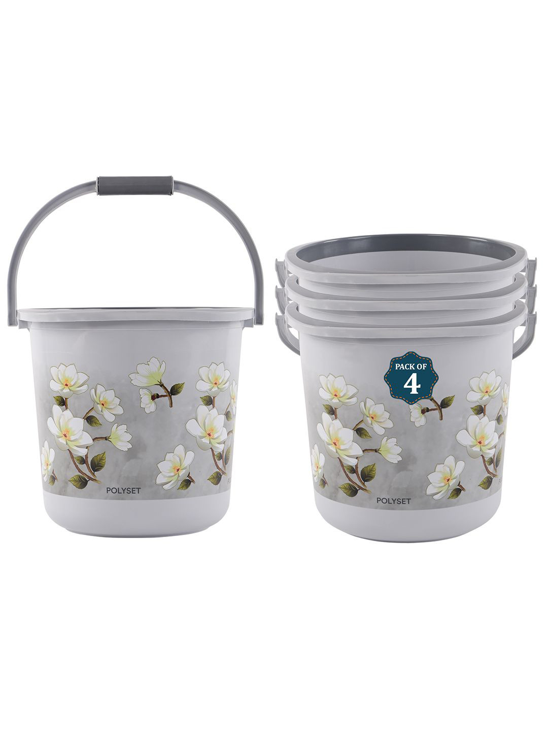 Kuber Industries Grey & White 4 Pieces Floral Printed Bucket 18L