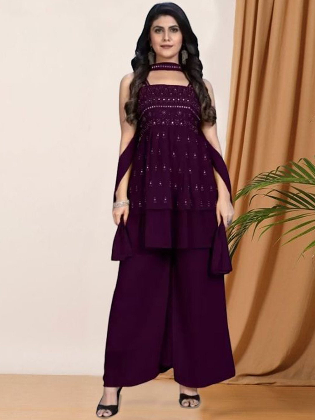 PARROT CREATION Embroidered Straight Sequinned Kurti With Sharara And Dupatta