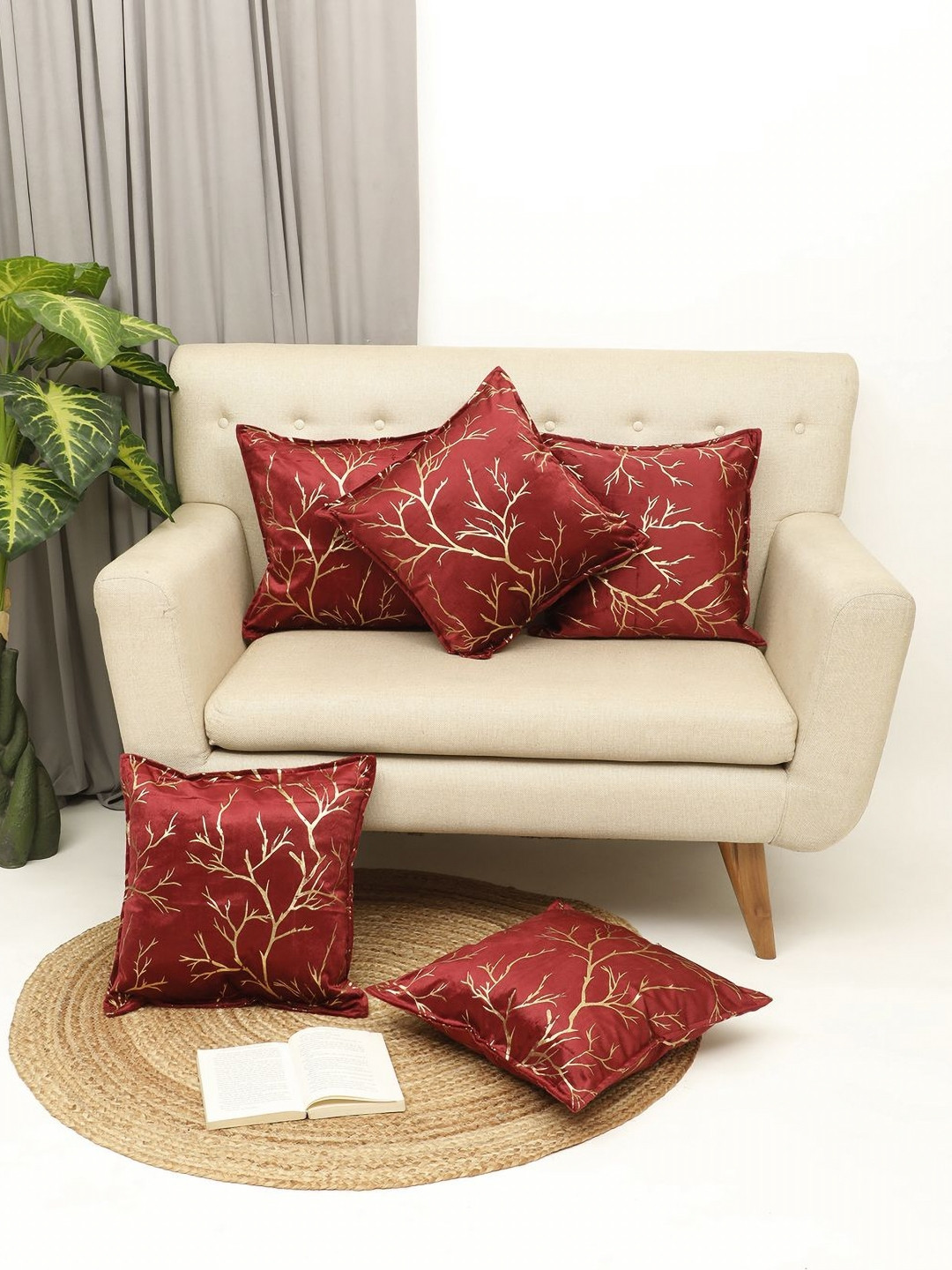 THE CONVERSION Foil Work Leaf Velvet 5 Pcs Textured Cushion Covers - 15.7 x 15.7 In
