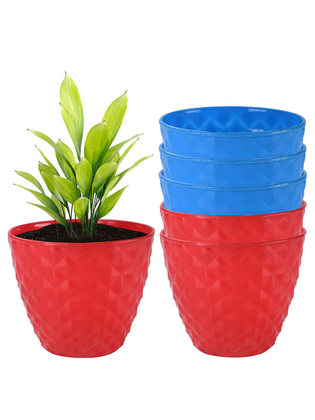 Kuber Industries Red & Blue 6 Pieces Diamond Pattern Flower Pots for Garden