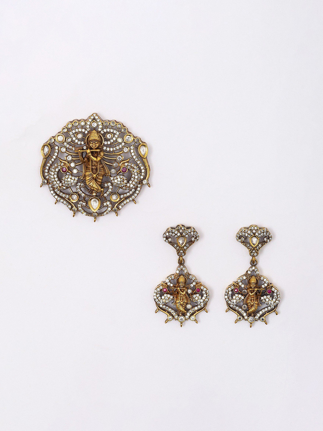 Exotic India Stone and Kundan Studded Lord Krishna Pendant Set with Earrings