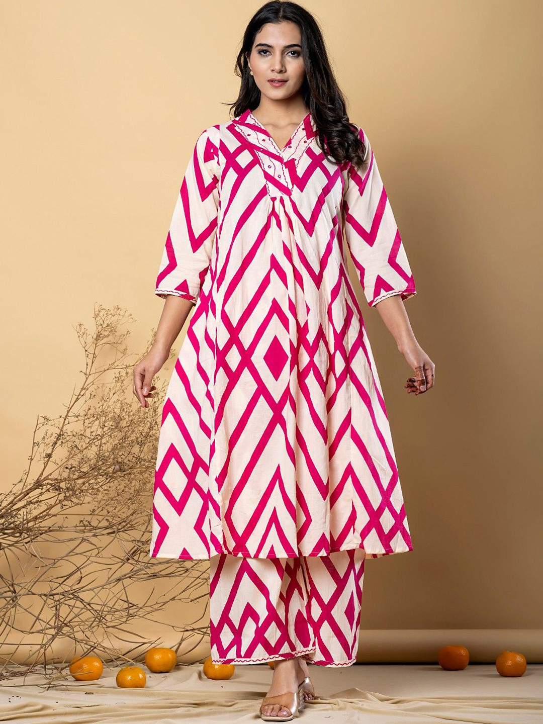 Readiprint Geometric Printed Anarkali Style V-Neck Pure Cotton Kurta & Palazzos