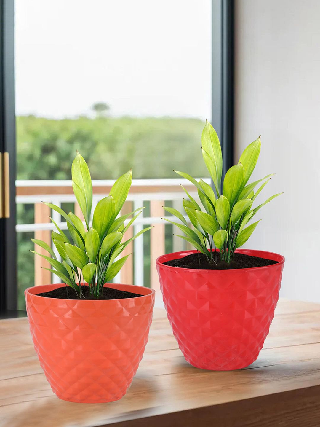 Kuber Industries Orange Colored & Red 2 Pieces Diamond Pattern Durable Planters