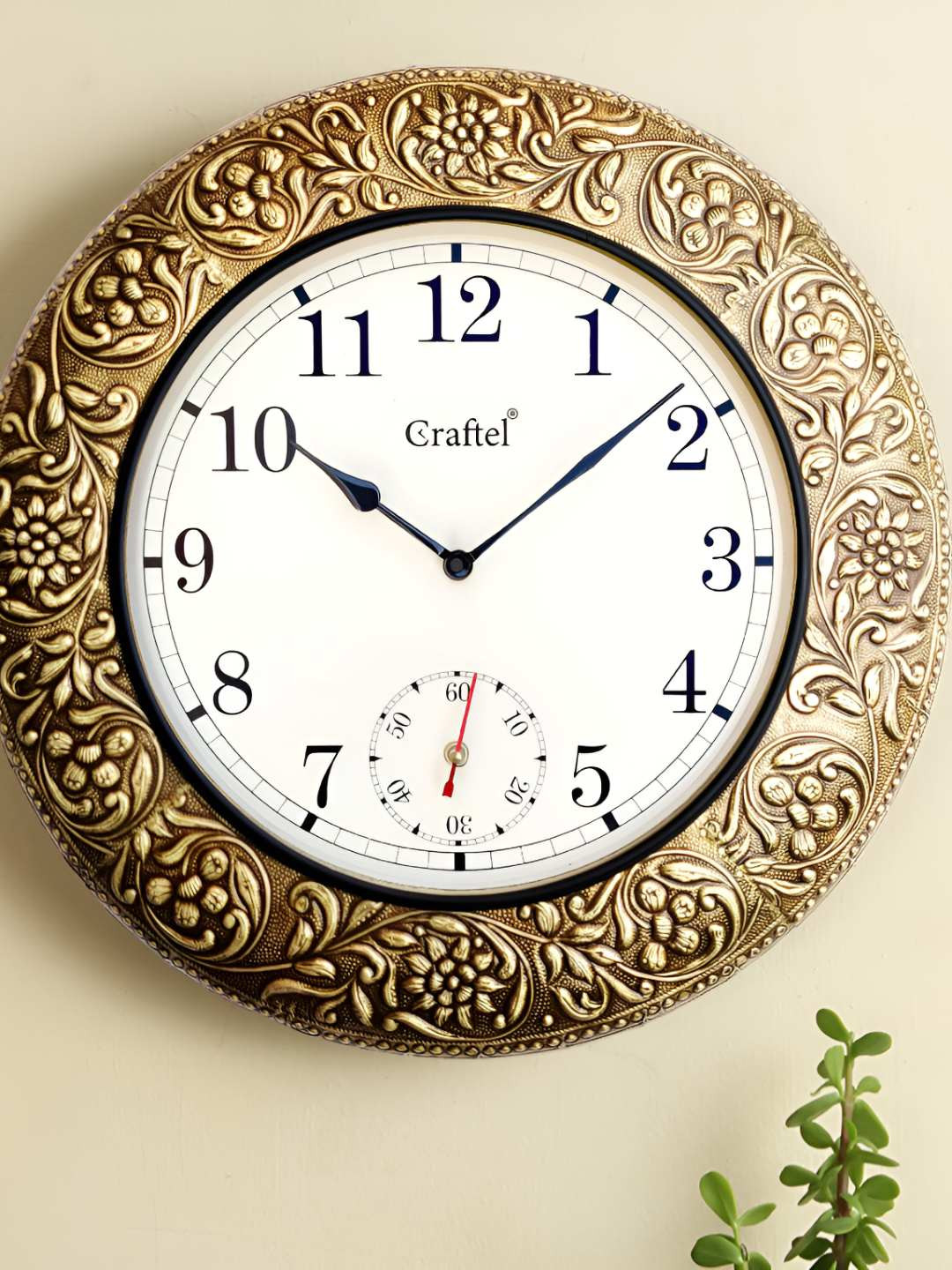 CRAFTEL Brown & White Floral Textured Analogue Metal Round Traditional Antique Wall Clock