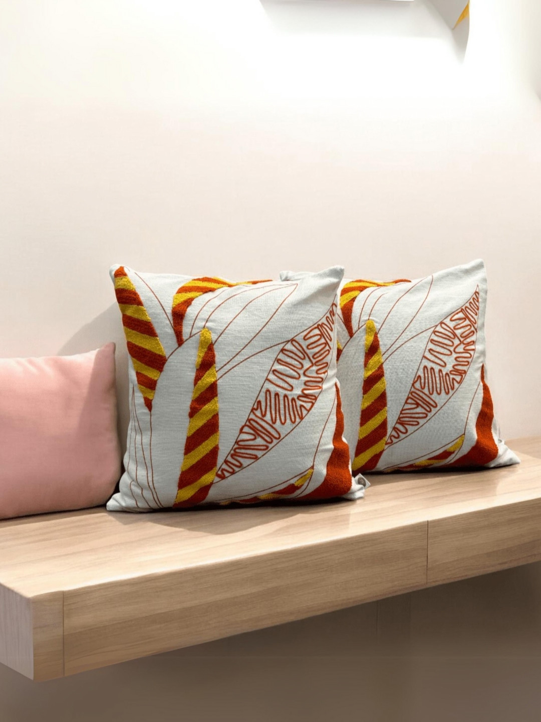 LUSHLYF White 2 Pieces Embroidered Textured Tropical Leaf Cotton Square Cushion Covers