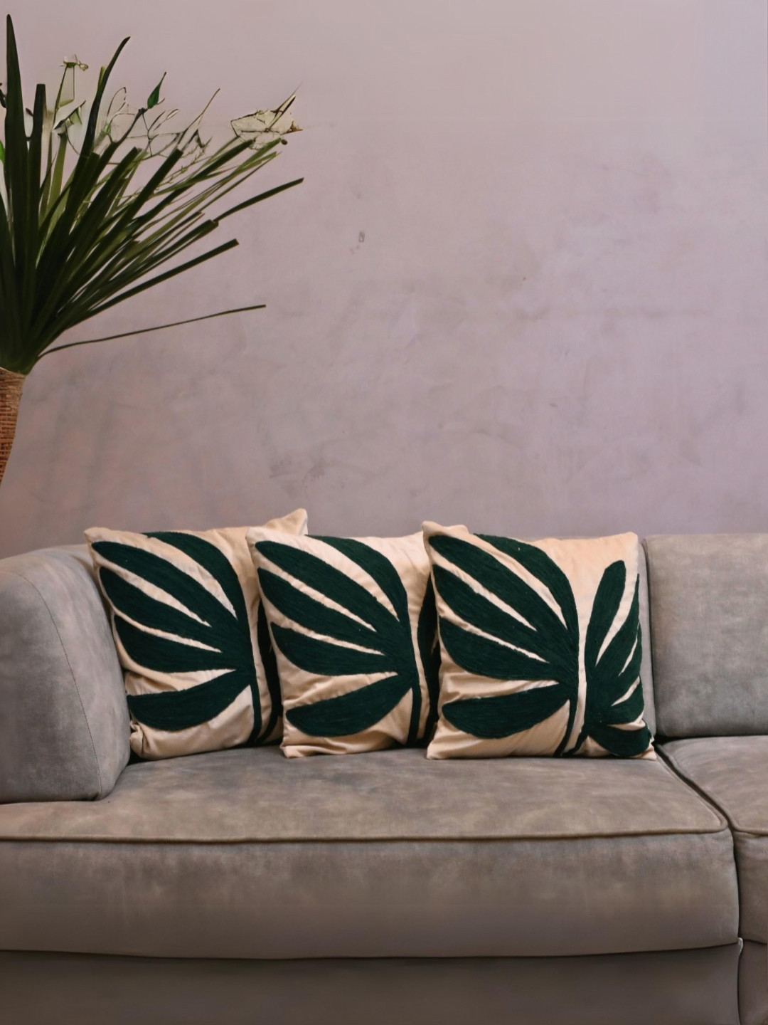 LUSHLYF Tufted Collection Green & Beige 3 Pieces Embroidered Cotton Square Cushion Covers
