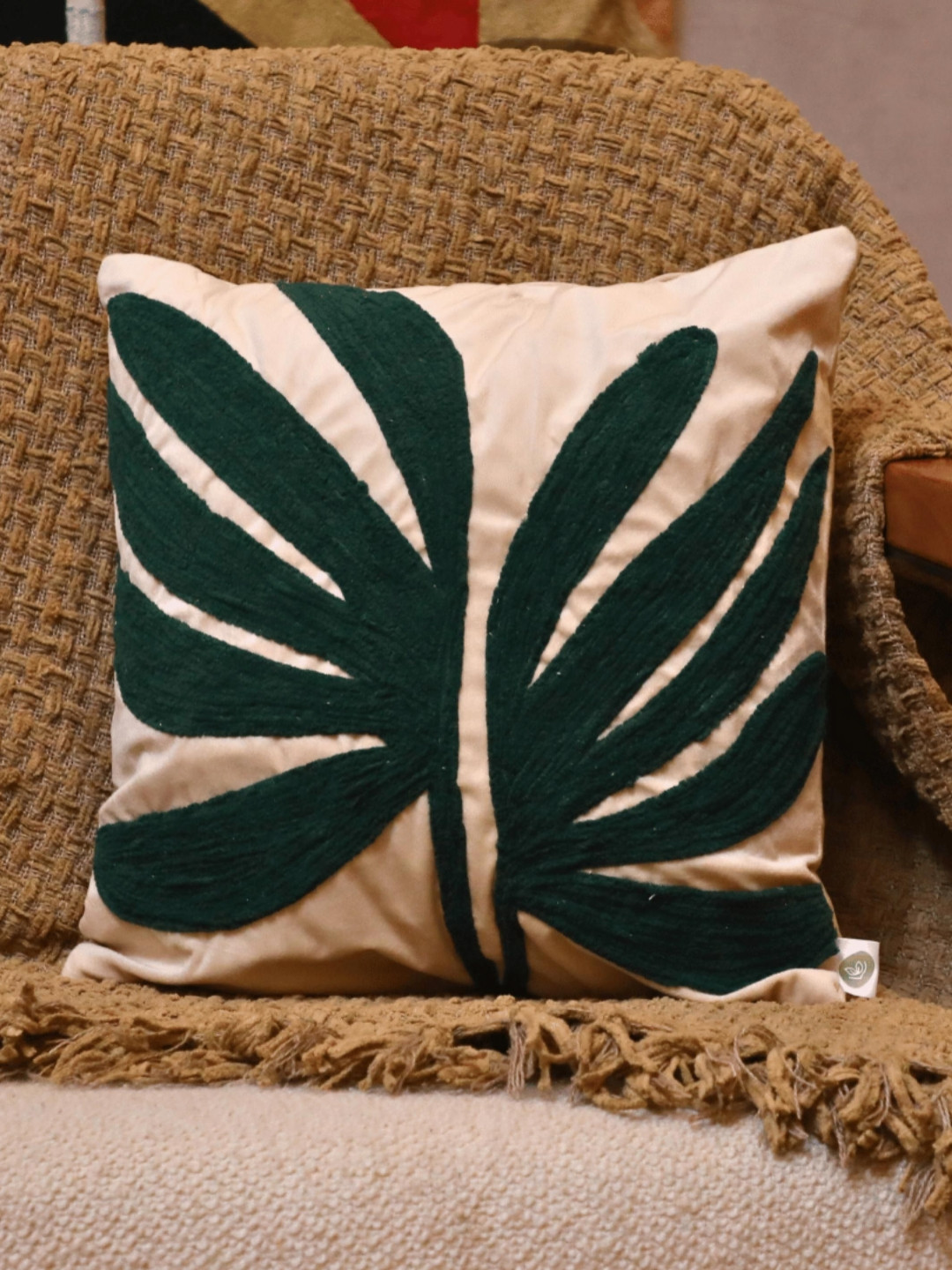 LUSHLYF Peach & White Palm Grandeur Embroidered Cushion Cover