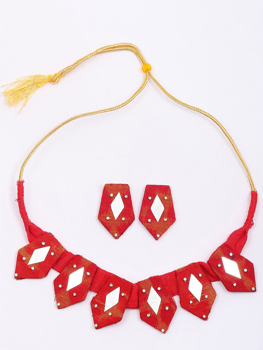 Exotic India Handloom Sambalpuri Fabric Necklace and Earrings Set with Mirror Work