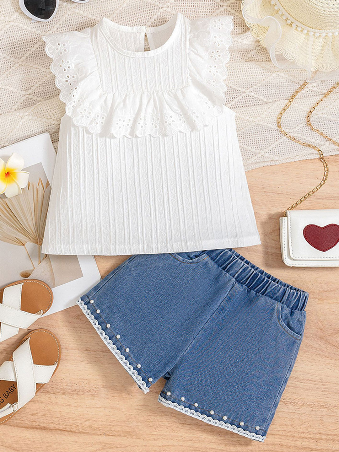 LULU & SKY Girls Striped Textured Lace-trimmed Top With Denim Shorts