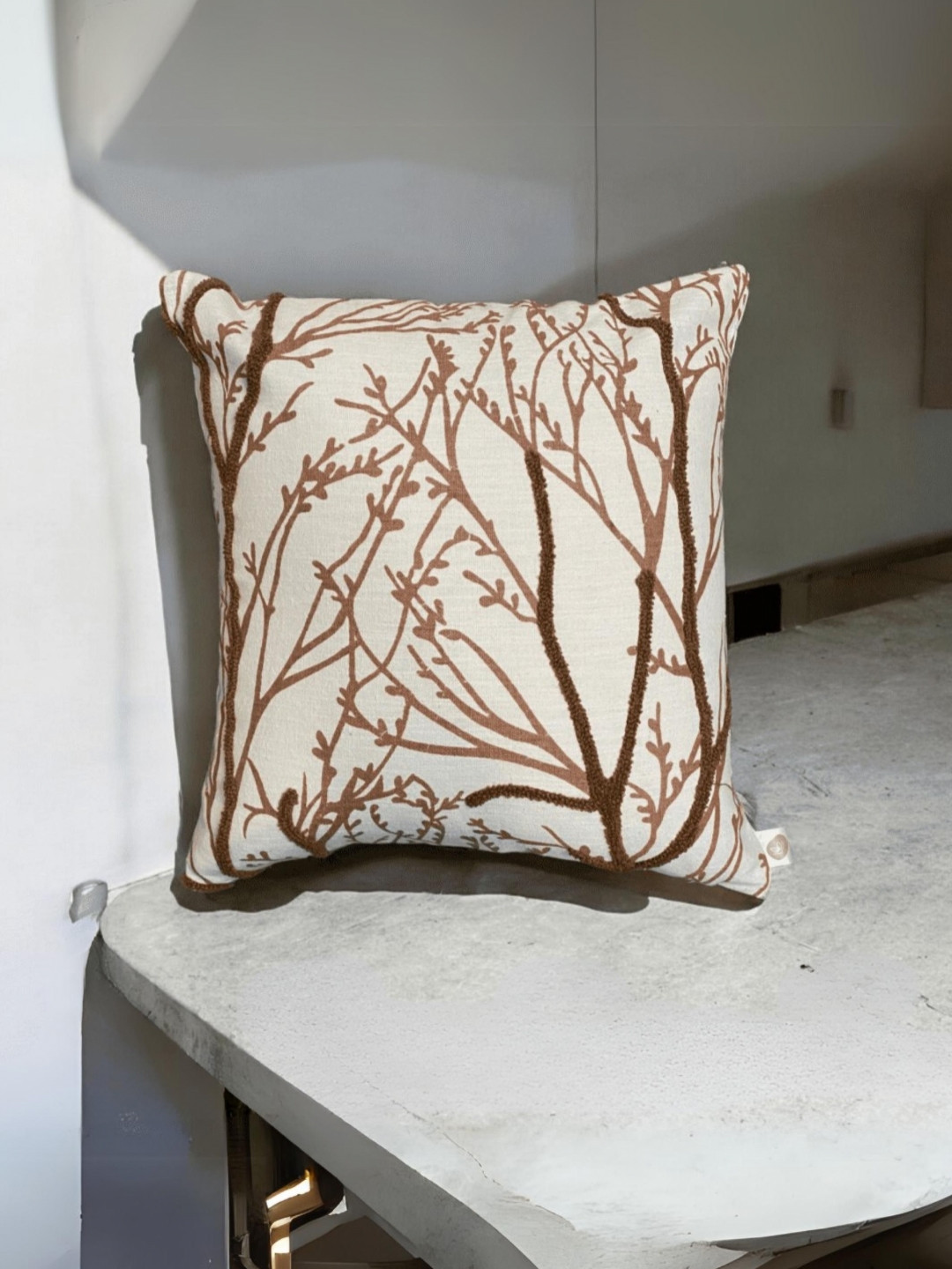 LUSHLYF White & Peach Floral Textured Cotton  Woodland Branches Square Cushion Covers