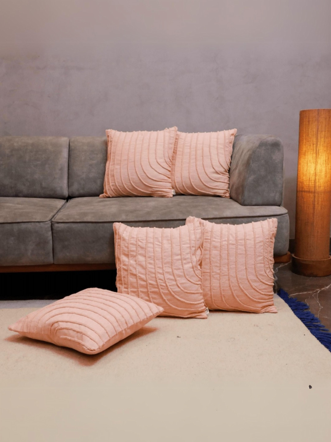 LUSHLYF High-Quality Peach Striped Cotton 5 Pcs Embroidered Square Cushion Covers -18x18In