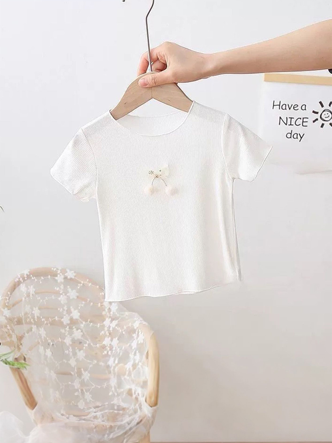LULU & SKY Girl Ribbed Round Neck Short Sleeves Applique  Top