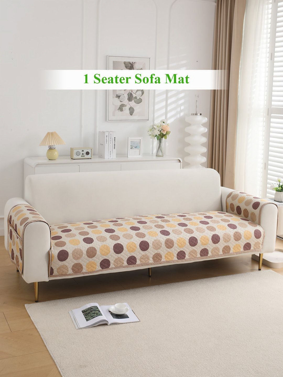 HOKIPO Brown & White Print Polyester 1 Seater Sofa Seat Mat & Armrest Covers with Pockets