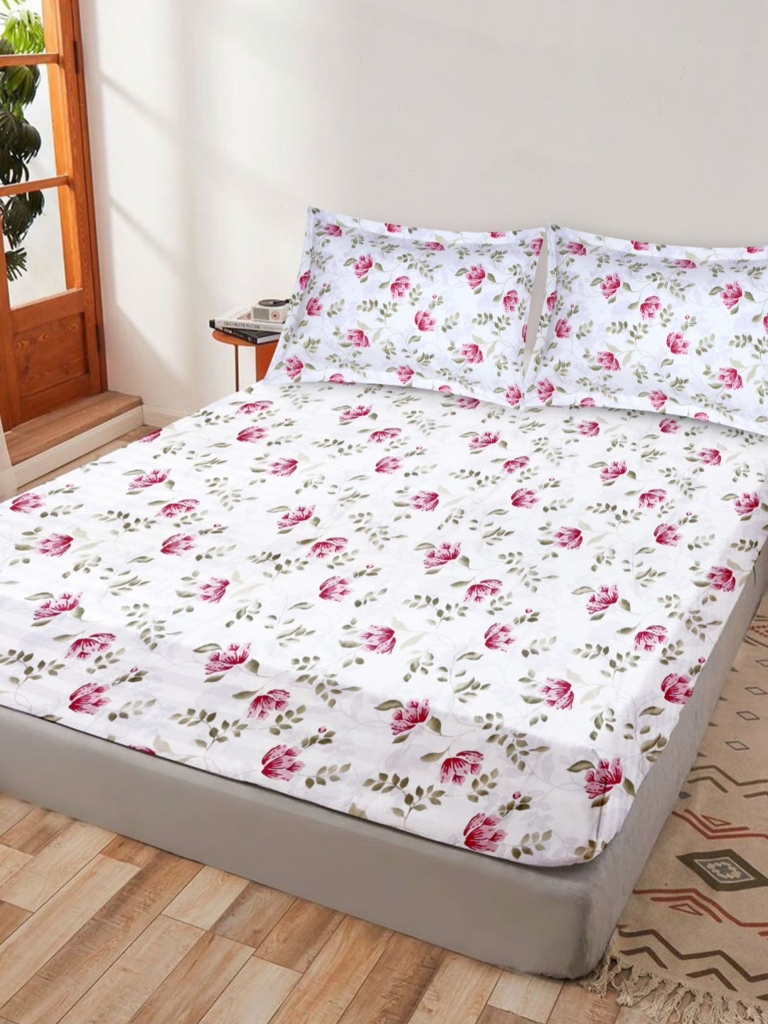 Crest Innovative Lives White Floral Pure Cotton 300 TC King Fine Bedsheet with 2 Pillow Covers-59 x 87 inches
