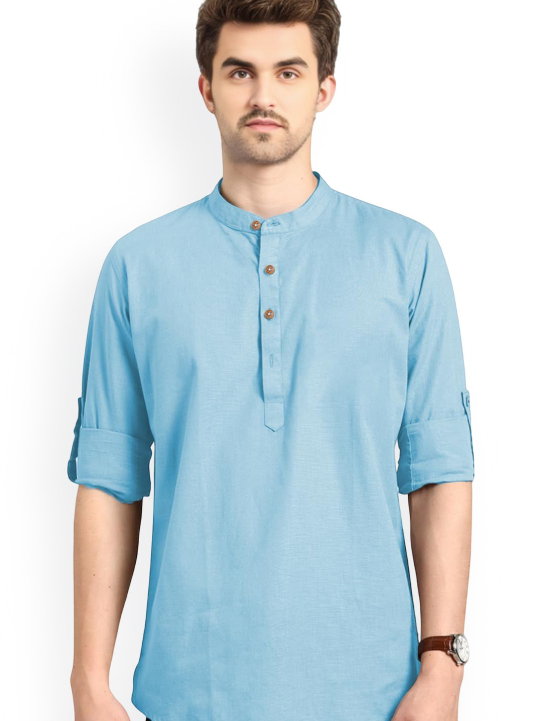 Vida Loca Band Collar Roll-Up Sleeves Cotton Straight Short Kurta