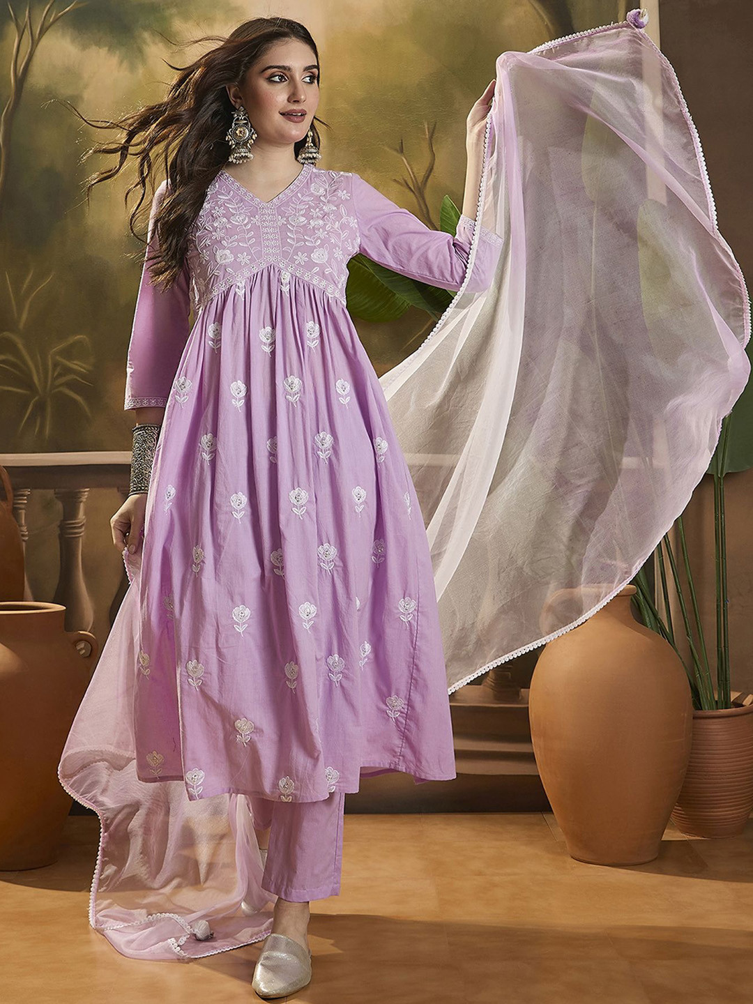 Sangria Floral Embroidered V Neck Kurta Set With Dupatta