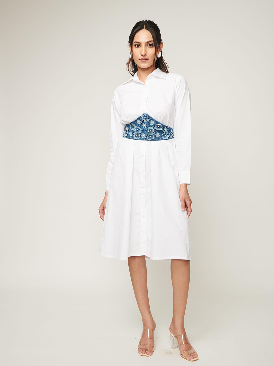 WEAVING CULT White Shirt Dress With Denim Flower Belt