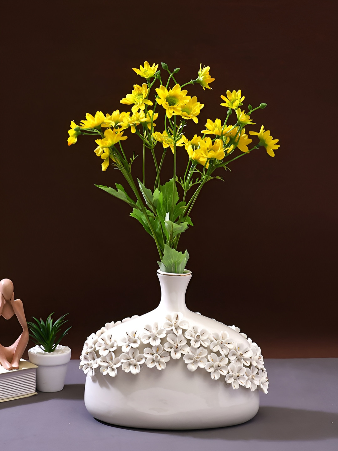 TAYHAA Yellow & Green 2 Pieces Daisy Blooms Artificial Flower