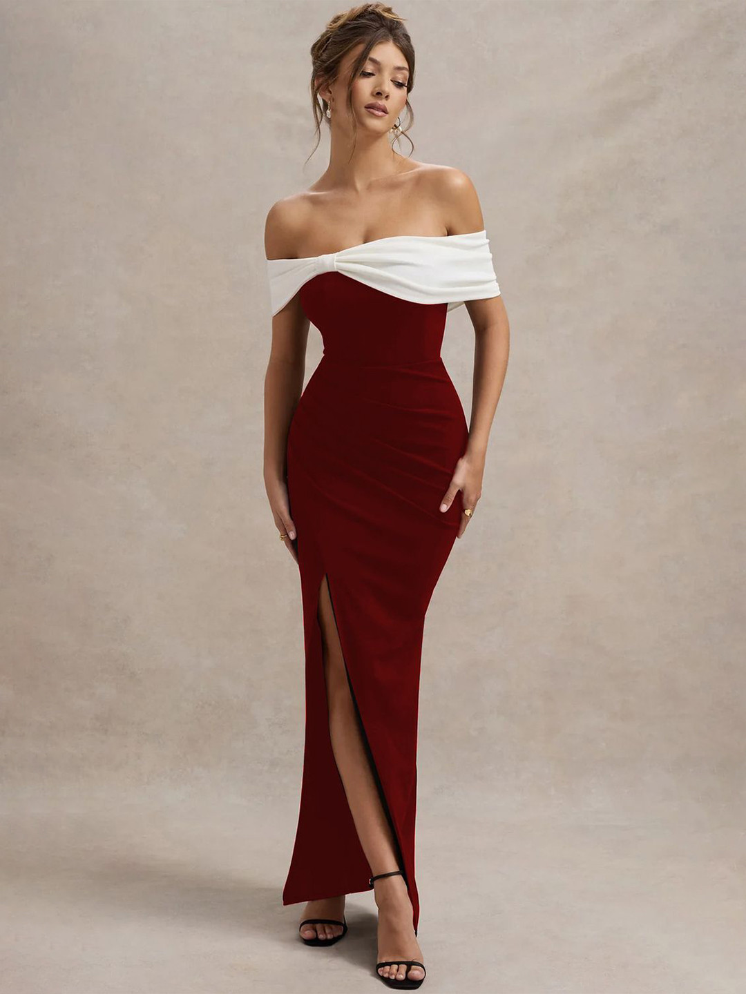 Off-Shoulder Crepe Bodycon Maxi Dress
