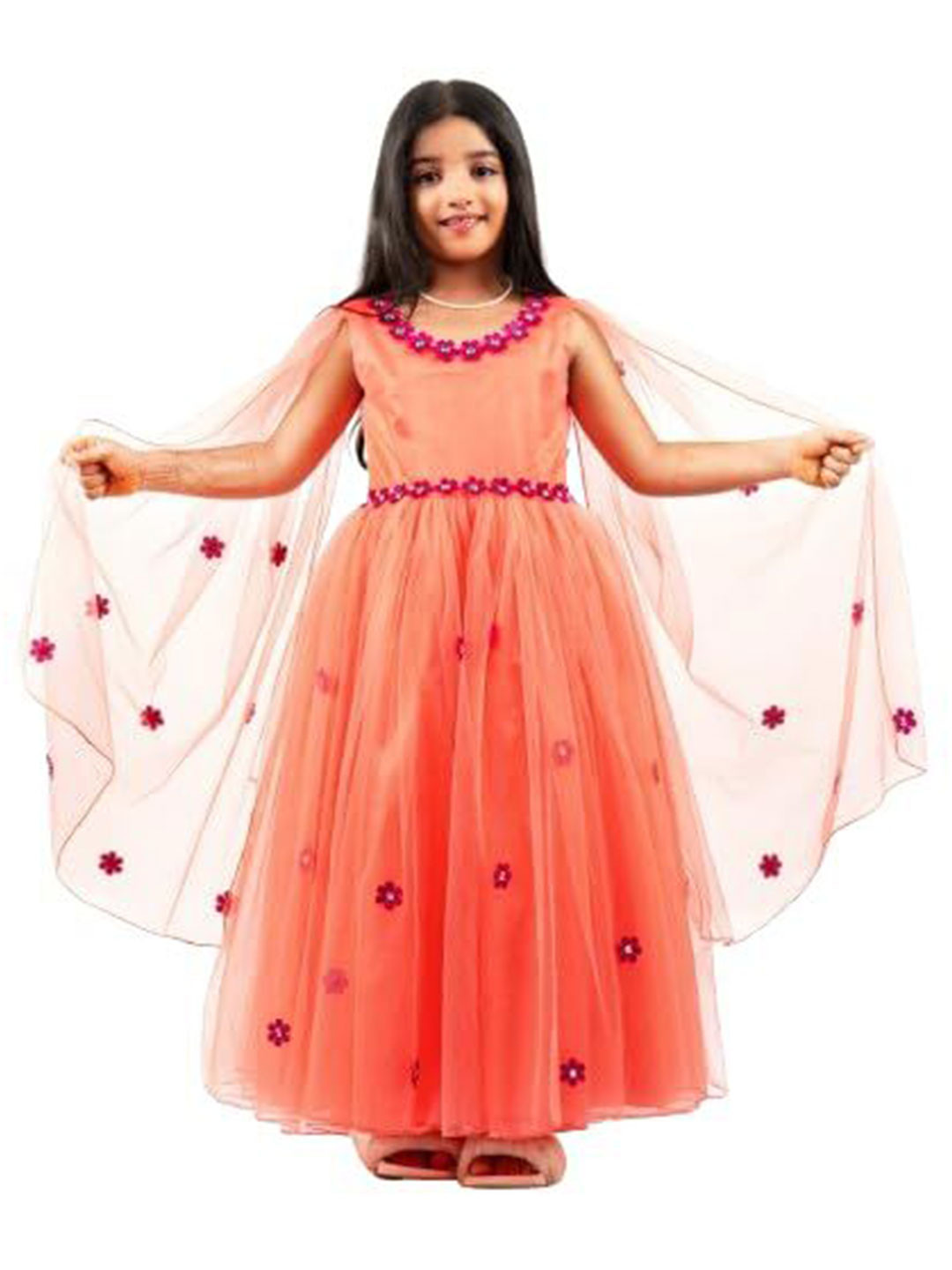 STANWELLS KIDS Girls Floral Embroidered Round Neck Flared Sleeves Fit & Flare Dress