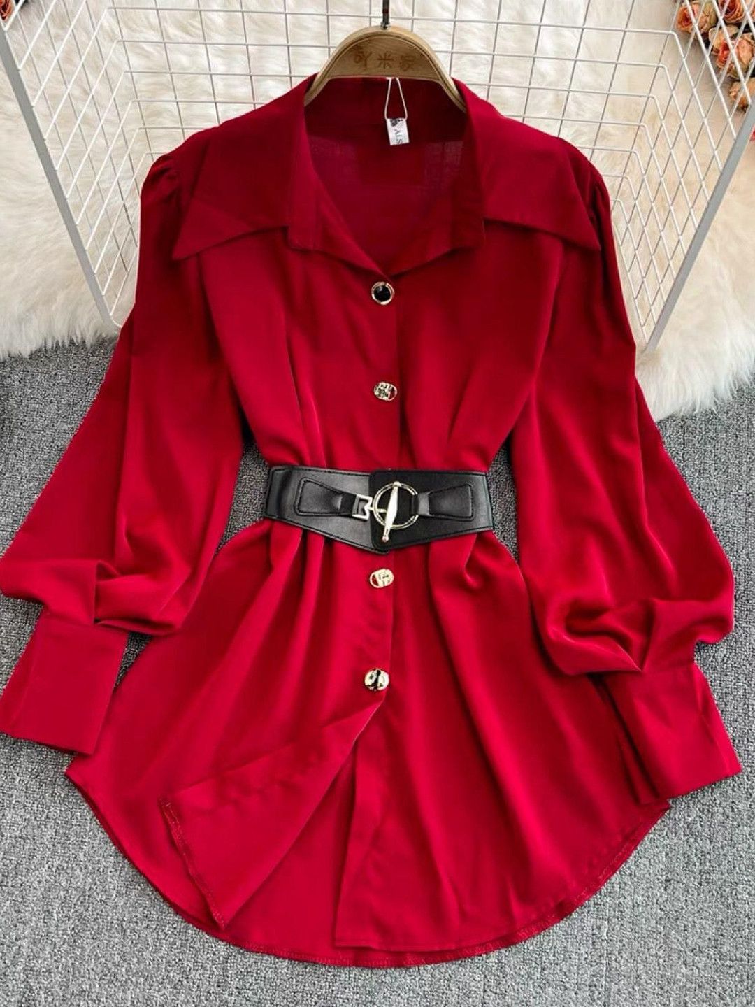 Miss Mosa By Akanksha  Red Locaste Statement Shirt With Belt