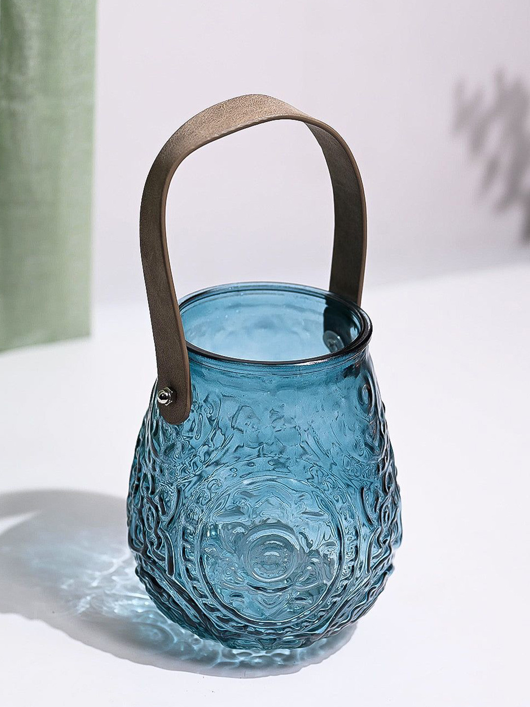 MARKET99 Teal Blue & Brown Textured Cylindrical Glass T-Light Candle Holder