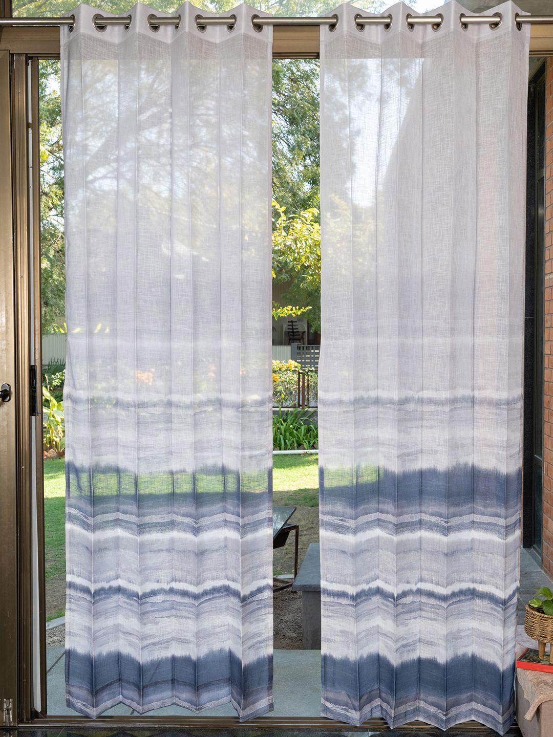 URBAN SPACE White & Navy Blue Pack of 2 Printed Coastal Tides Sheer Window Curtains