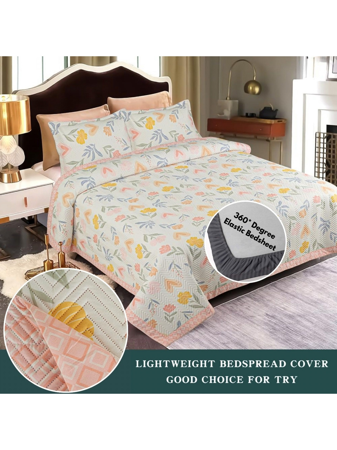 Innovative Edge Premium Orange Floral Cotton Skin-Friendly 210 TC Fitted King Fine Bedsheet with 2 Pillow Covers-100 x 90 inches