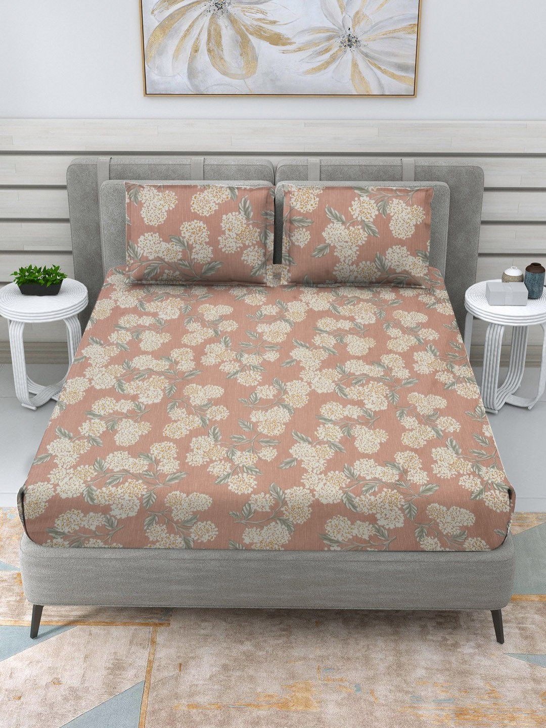 RRC Coral Floral Microfiber 210 TC King Bedsheet with 2 Pillow Covers-108 x 120 inches