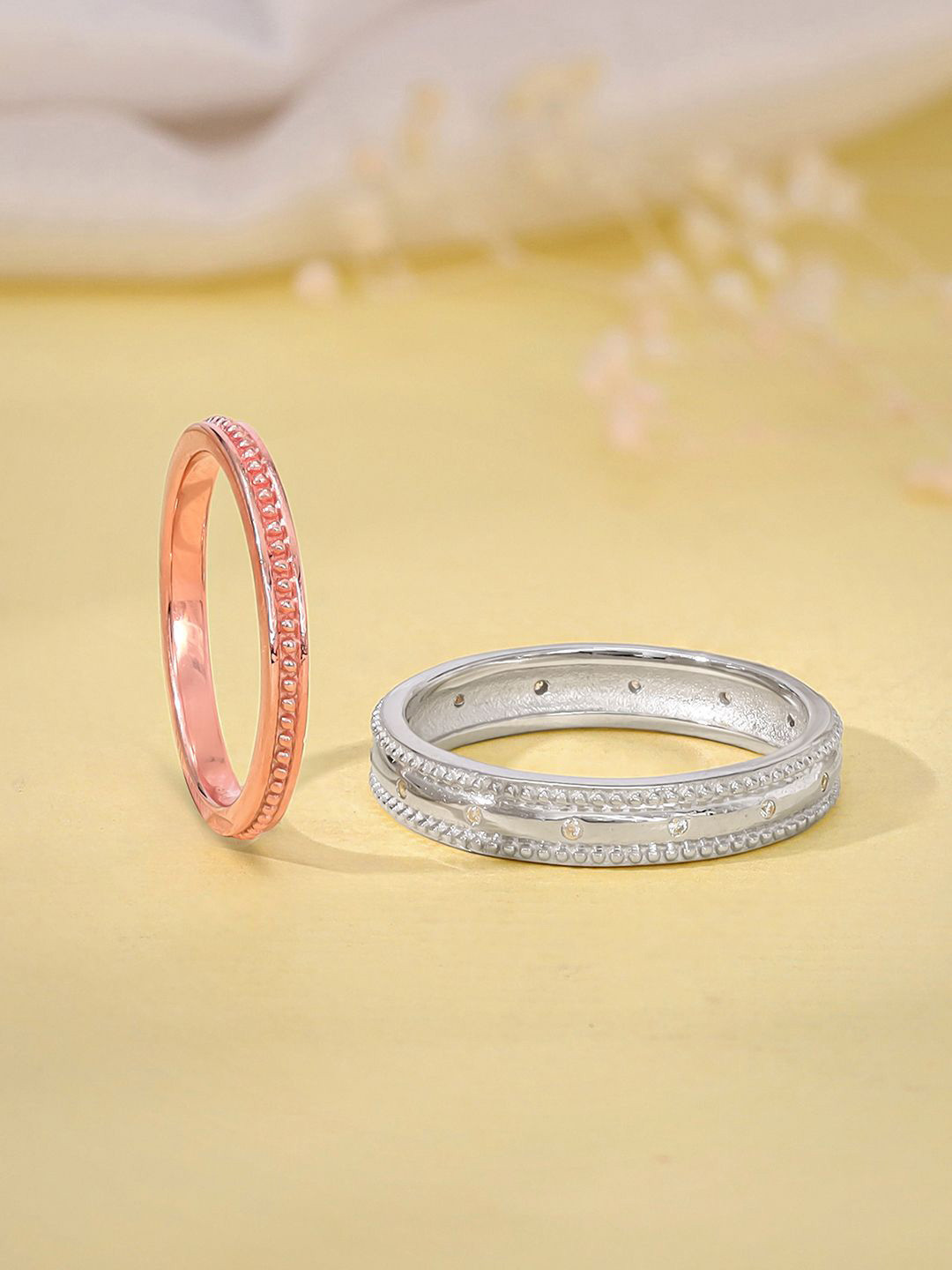 GIVA 925 Sterling Silver Set Of 2 Rhodium-Plated Stone-Studed Dual Tone Couple Band Rings