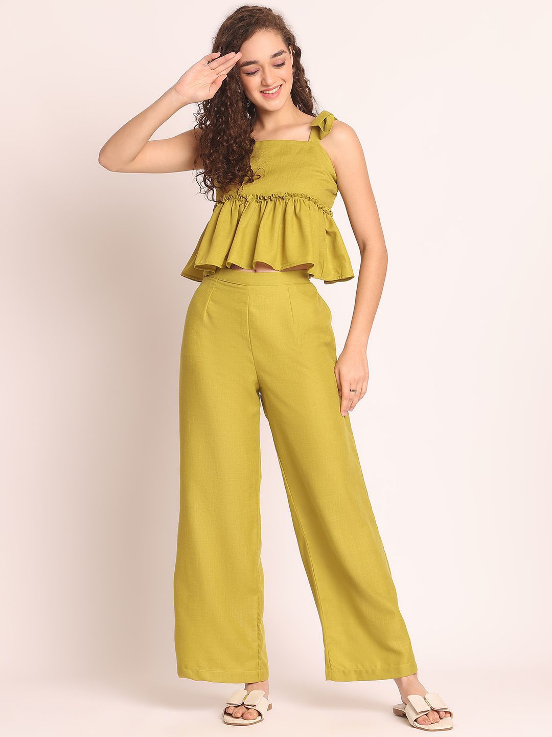 Aoba Shoulder Strap Linen Crop Top & Palazzos