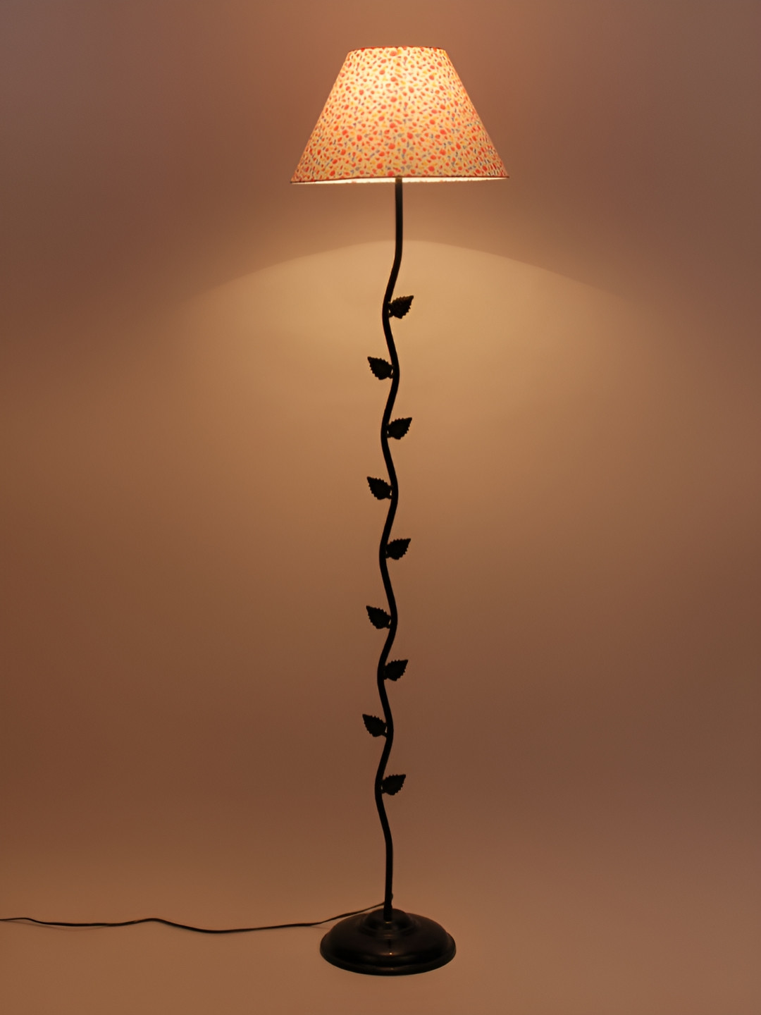 Devansh Black & White Printed Frustum Shaped Cotton Leaf Floor Lamp With Shade