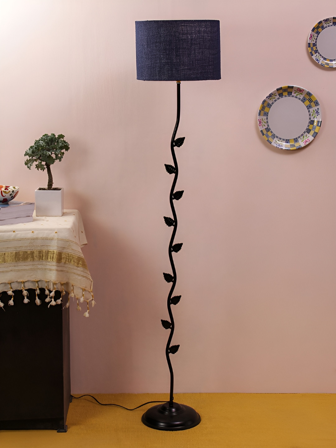 Devansh Black & Blue Leaf Drum Designer Jute Floor Lamp With Shade