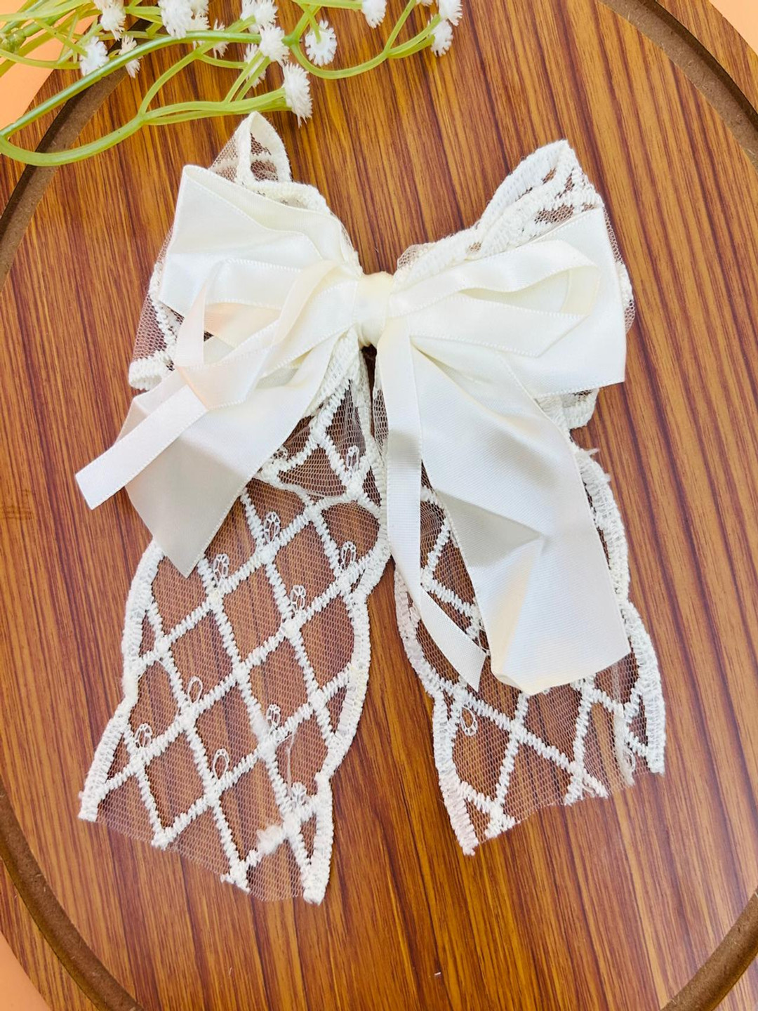 Radhya Women Cream Lace Satin Alligator Bow Clip