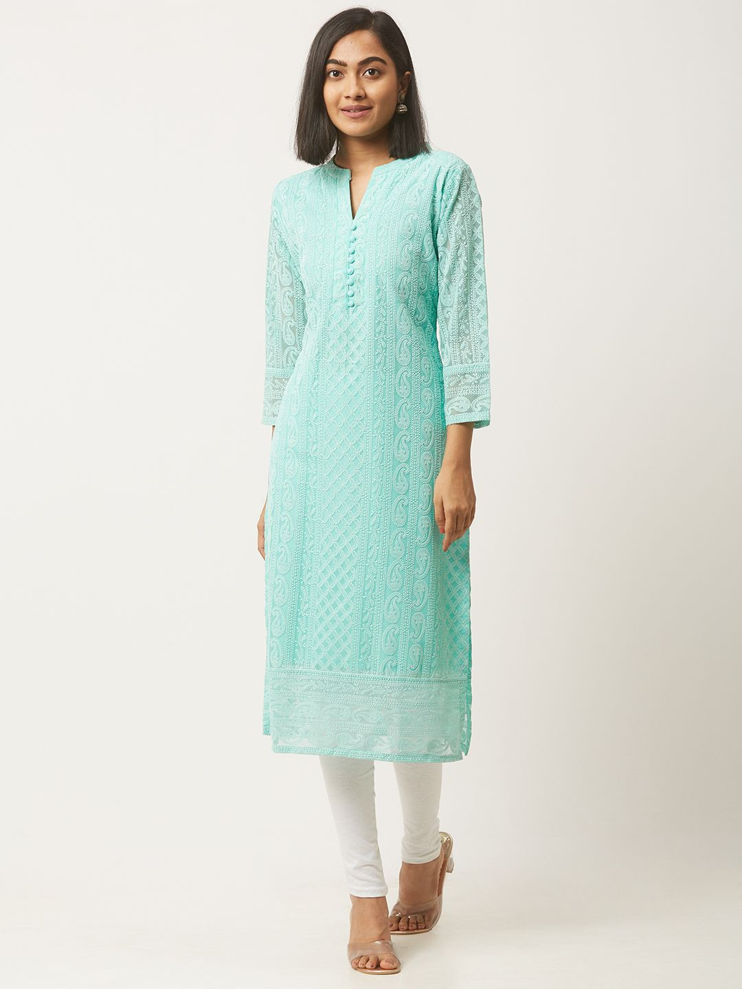 ZOLA Floral Embroidered Georgette Mandarin Collar Straight Kurta