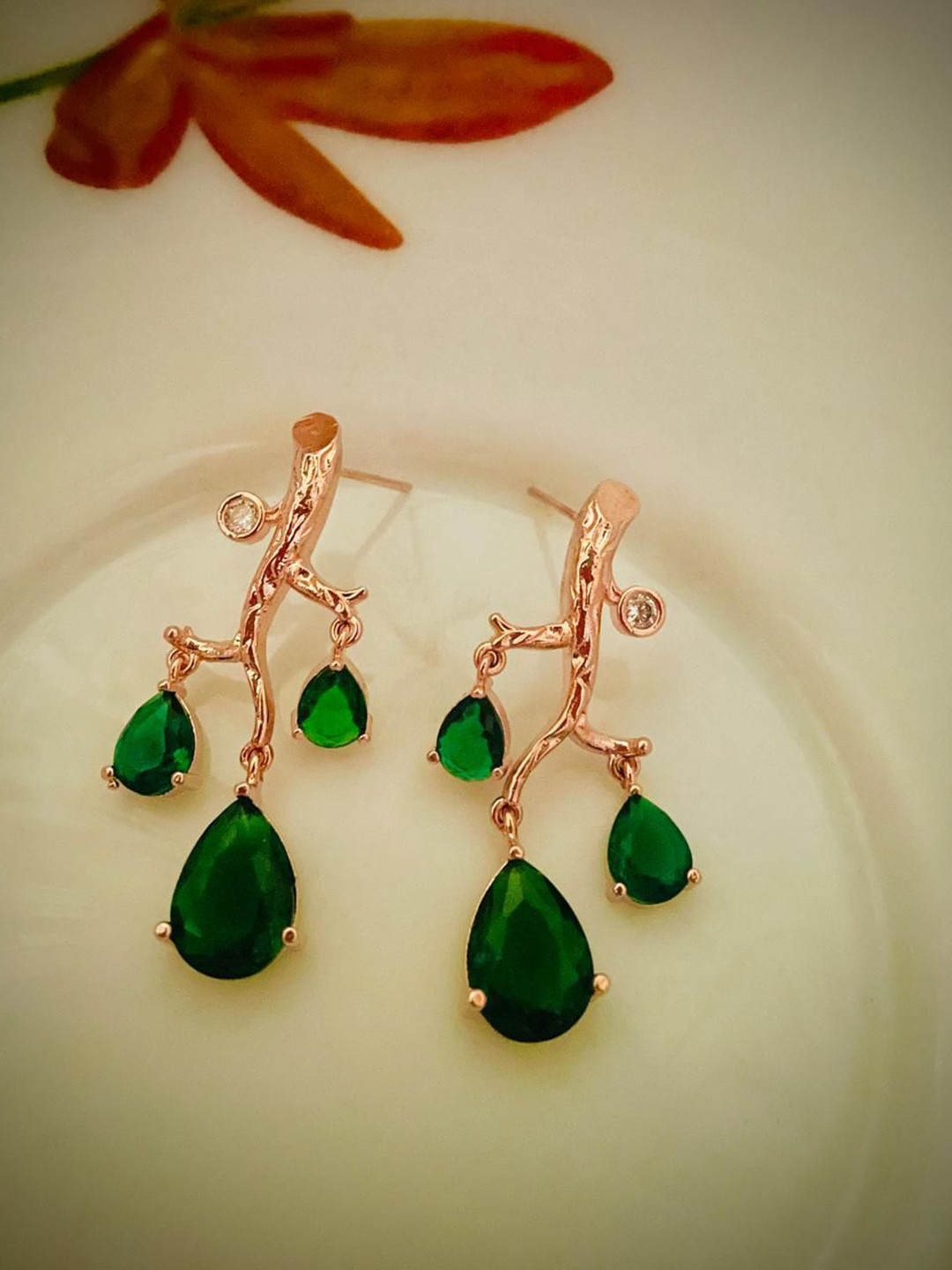 MONI LIFESTYLE Emerald Studded Enchanted Branches Contemporary Shaped Drop Earrings
