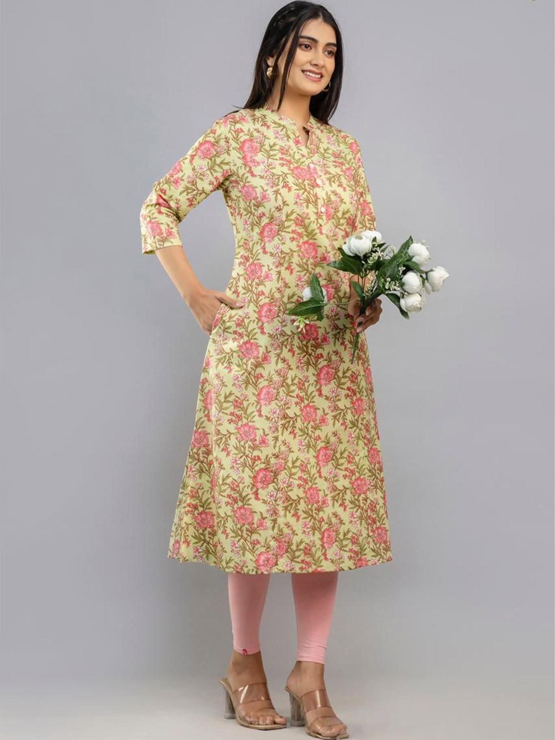 krambica Floral Printed Mandarin Collar Pure Cotton A-Line Kurta