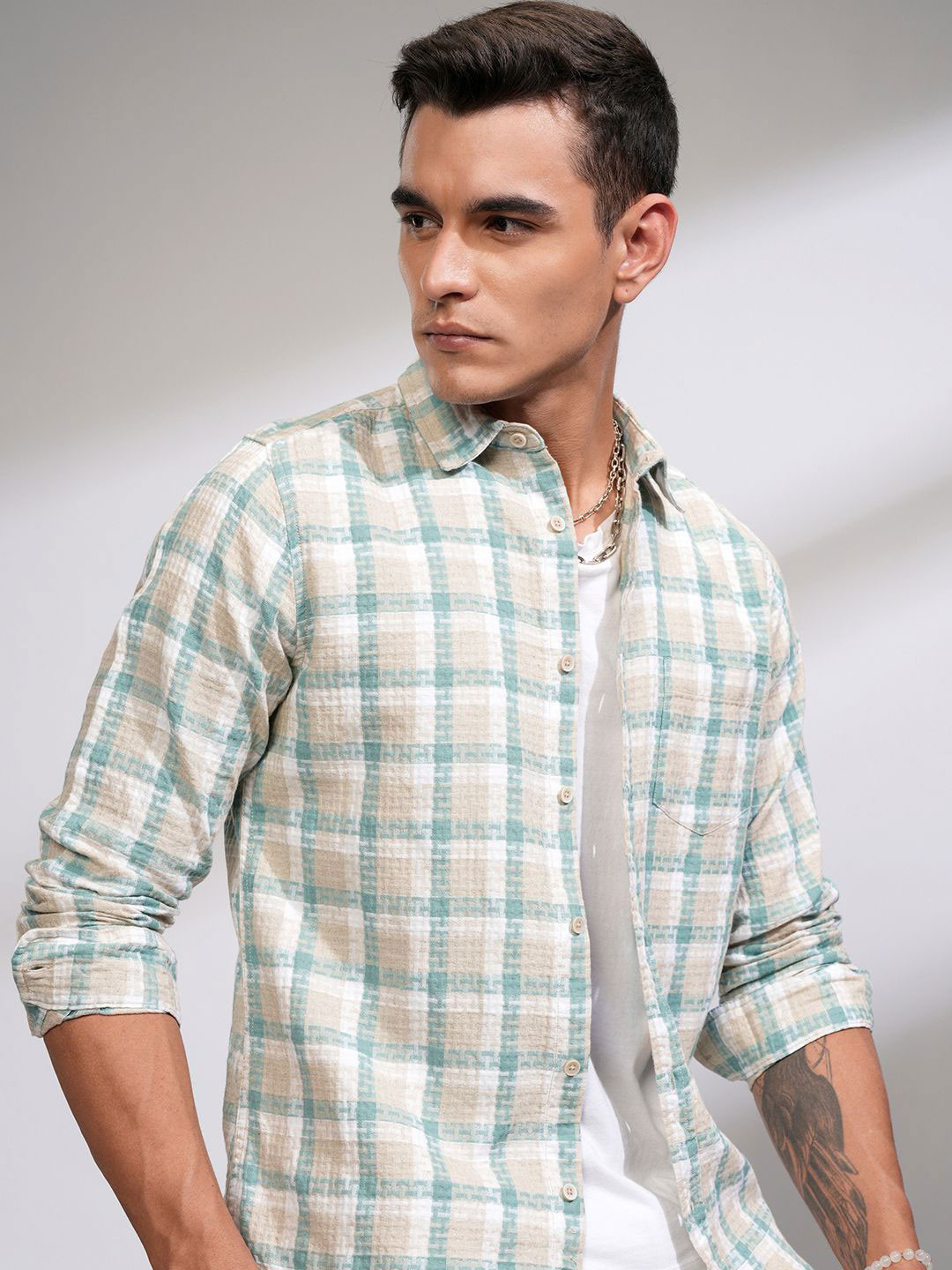 HIGHLANDER Men Natural Yarn Cotton Linen Dobby Textured Checked Casual Shirt